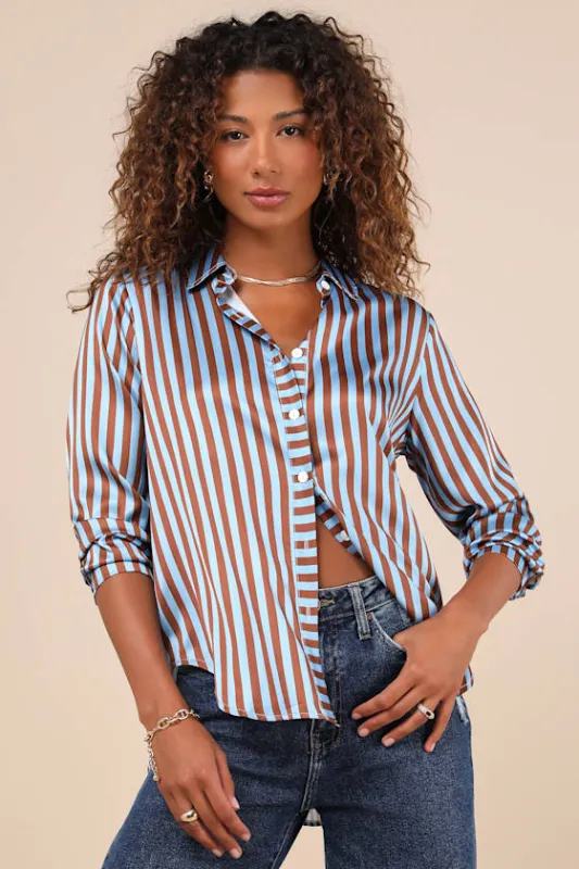 Playfully Composed Brown and Blue Striped Satin Button-Up Top sold by Lulus