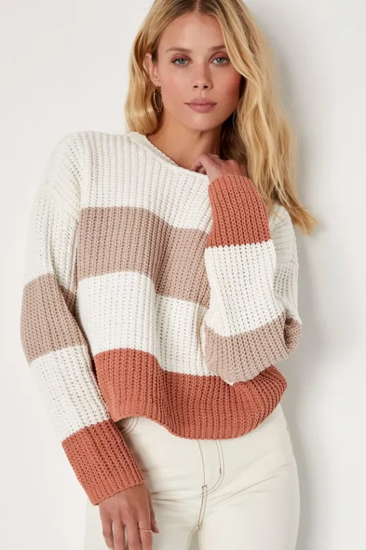 Moments of Cozy Ivory Multi Striped Crew Neck Pullover Sweater sold by Lulus