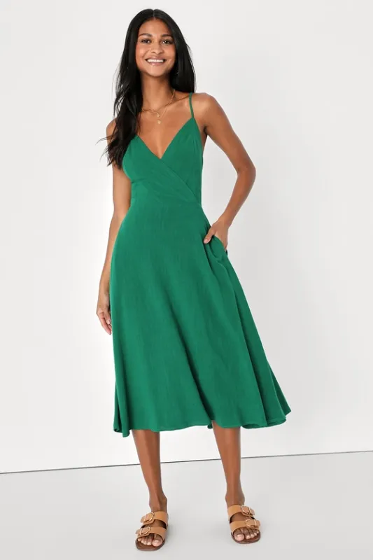 Warm Afternoons Green Linen Tie-Back Midi Dress With Pockets sold by Lulus