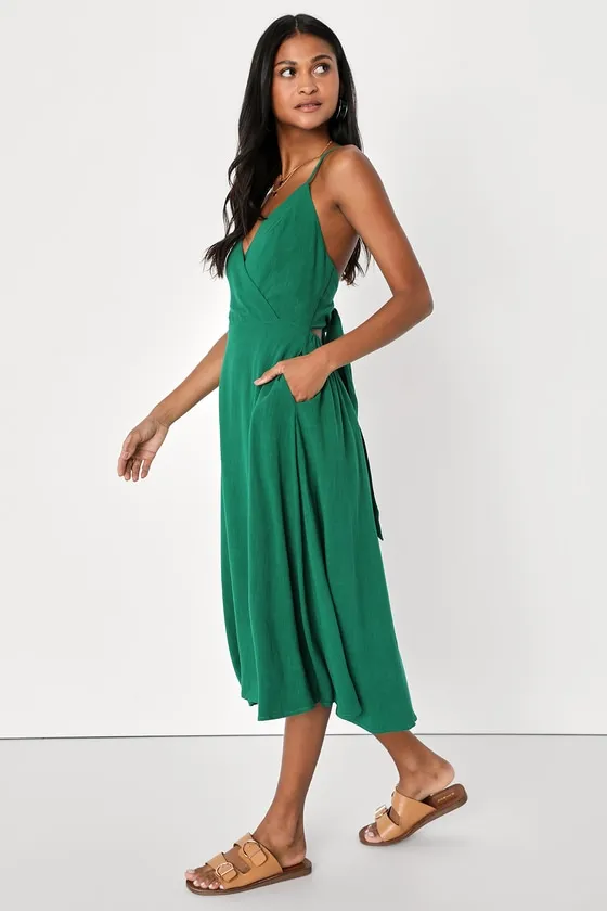 Warm Afternoons Green Linen Tie-Back Midi Dress With Pockets sold by Lulus product image thumbnail 2