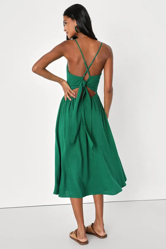 Warm Afternoons Green Linen Tie-Back Midi Dress With Pockets sold by Lulus product image thumbnail 4