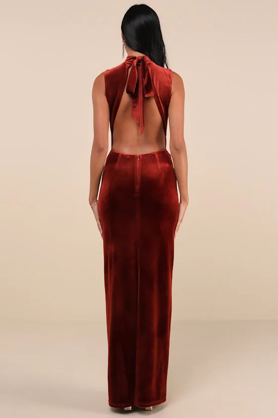 Notorious Stunner Rust Velvet Mock Neck Backless Maxi Dress sold by Lulus product image thumbnail 3