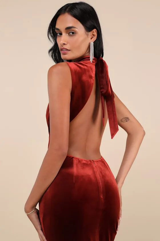 Notorious Stunner Rust Velvet Mock Neck Backless Maxi Dress sold by Lulus product image thumbnail 4