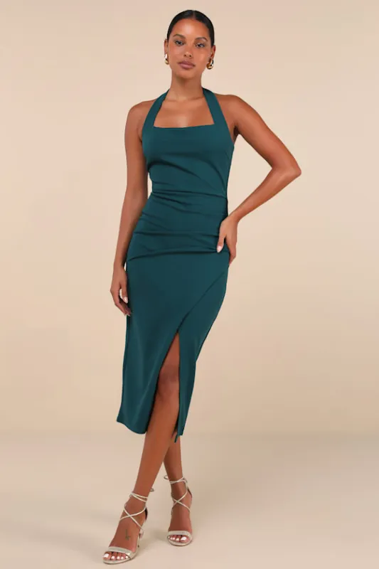 Prominent Charm Emerald Halter Bodycon Tulip Midi Dress sold by Lulus