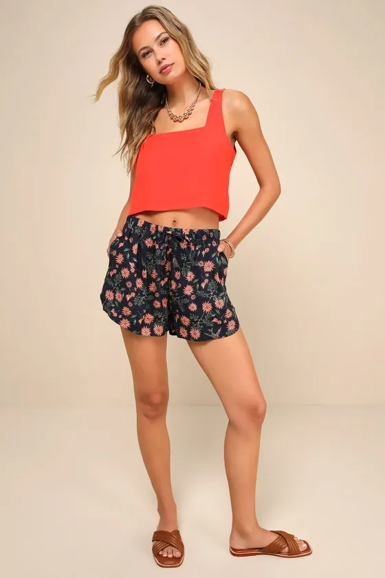 New Yume Navy Blue Floral Print Drawstring Shorts sold by Lulus product image thumbnail 2