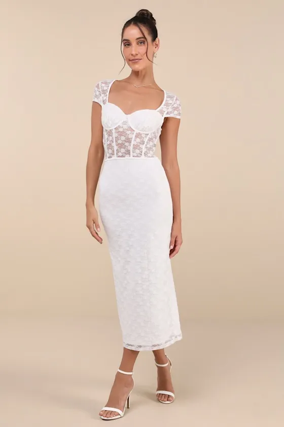 Flirtatious Presence White Sheer Lace Bustier Midi Dress sold by Lulus