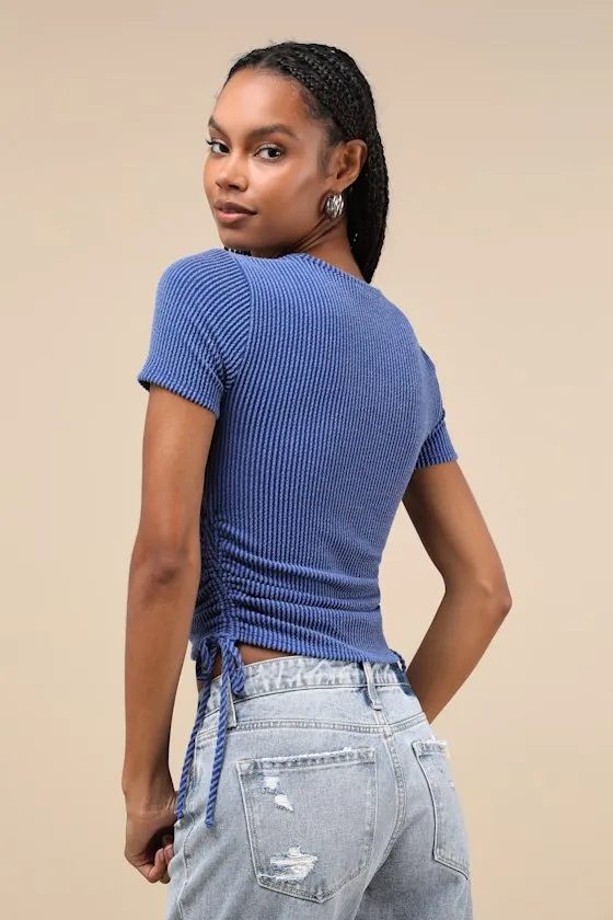 Sweet Ease Blue Textured Ribbed Ruched Short Sleeve Top sold by Lulus product image thumbnail 2