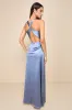 Purely Elegant Slate Blue Satin Twist-Back Maxi Dress sold by Lulus