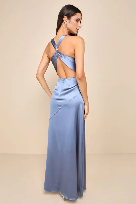 Purely Elegant Slate Blue Satin Twist-Back Maxi Dress sold by Lulus product image thumbnail 2
