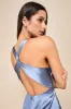 Purely Elegant Slate Blue Satin Twist-Back Maxi Dress sold by Lulus