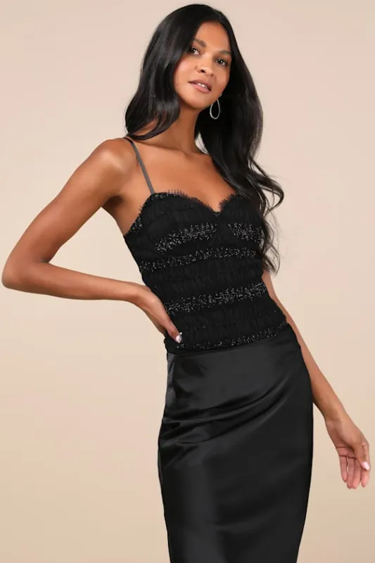 Cultivated Aesthetic Black Sequin Mesh Bustier Bodysuit sold by Lulus