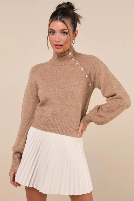 Office Crush Heather Brown Asymmetrical Button-Front Sweater sold by Lulus