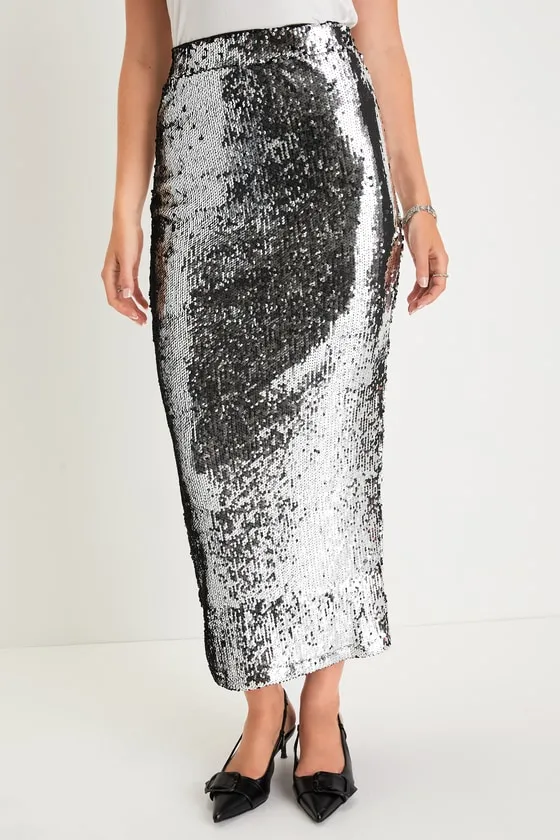 Dazzling Appearance Silver Sequin High-Rise Midi Skirt sold by Lulus product image thumbnail 2