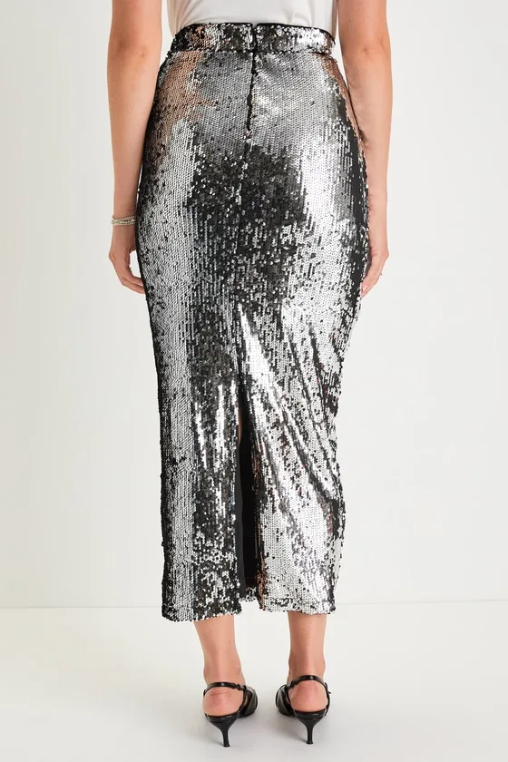 Dazzling Appearance Silver Sequin High-Rise Midi Skirt sold by Lulus product image thumbnail 3
