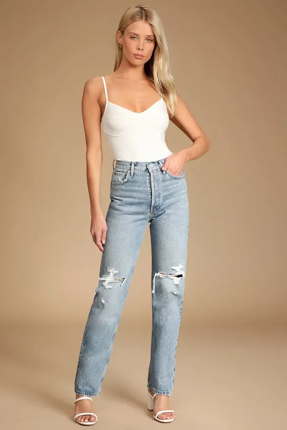 90s Pinch Waist Light Wash Distressed High Rise Straight Jeans sold by Lulus