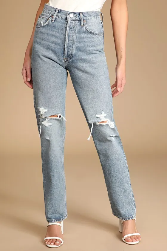 90s Pinch Waist Light Wash Distressed High Rise Straight Jeans sold by Lulus product image thumbnail 2