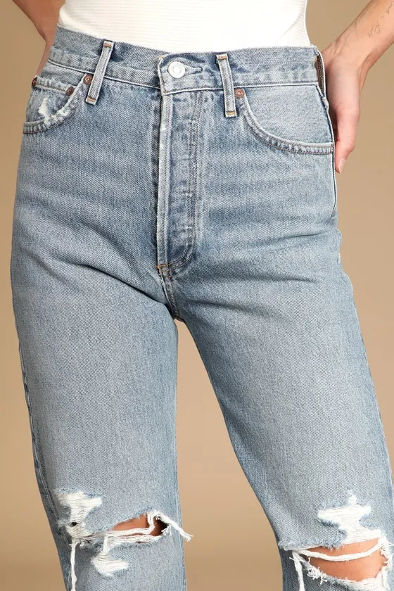 90s Pinch Waist Light Wash Distressed High Rise Straight Jeans sold by Lulus product image thumbnail 3