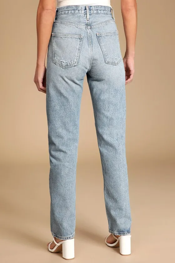 90s Pinch Waist Light Wash Distressed High Rise Straight Jeans sold by Lulus product image thumbnail 4