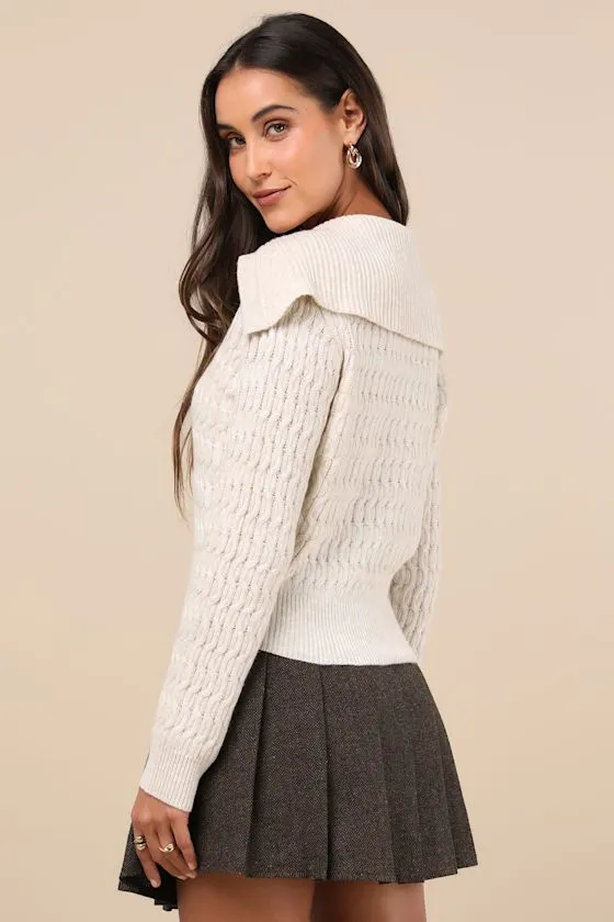 Xanthe Cream Cable Knit Wool-Blend Collared Pullover Sweater sold by Lulus product image thumbnail 2