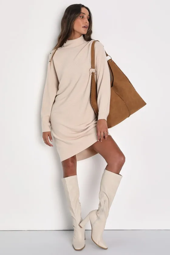 Cozy Stroll Beige Mock Neck Button Mini Sweater Dress sold by Lulus