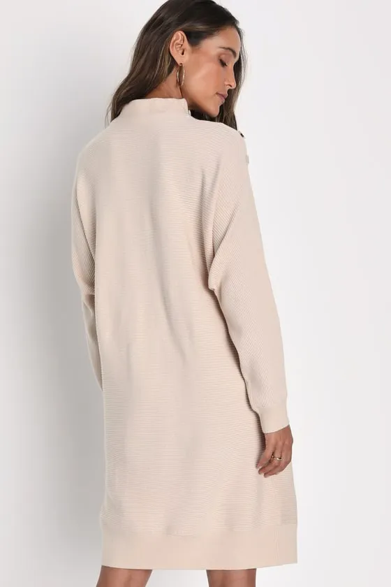 Cozy Stroll Beige Mock Neck Button Mini Sweater Dress sold by Lulus product image thumbnail 2