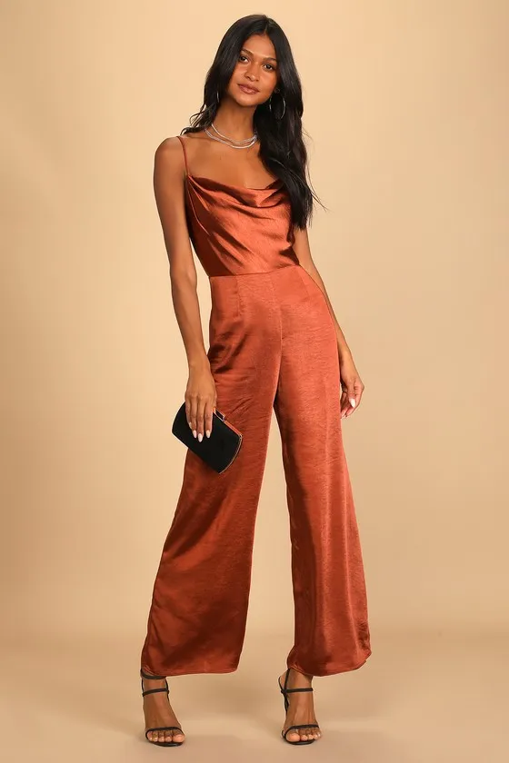 Perfect Night Brown Satin Cowl Neck Culotte Jumpsuit sold by Lulus