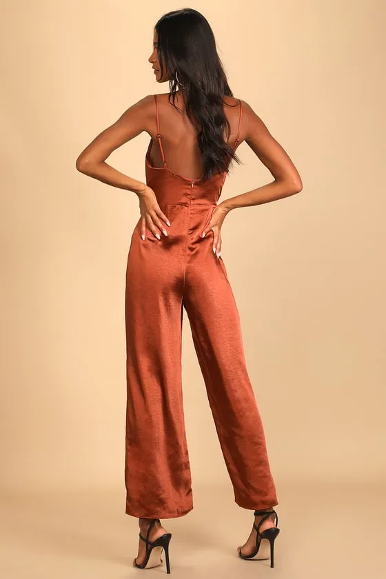 Perfect Night Brown Satin Cowl Neck Culotte Jumpsuit sold by Lulus product image thumbnail 2