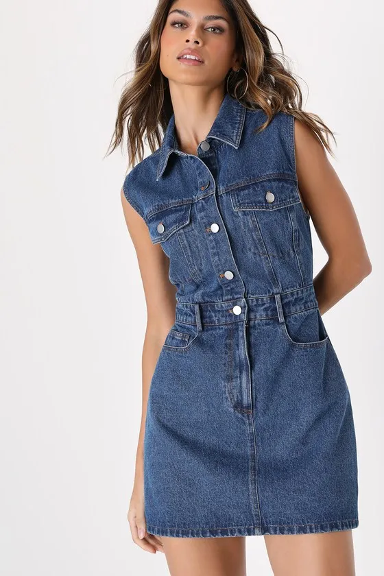 Ready to Charm Medium Wash Denim Mini Dress sold by Lulus