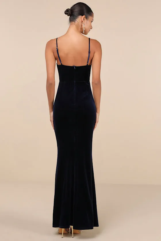 Stunning Invitation Navy Velvet Ruched Sleeveless Maxi Dress sold by Lulus product image thumbnail 3
