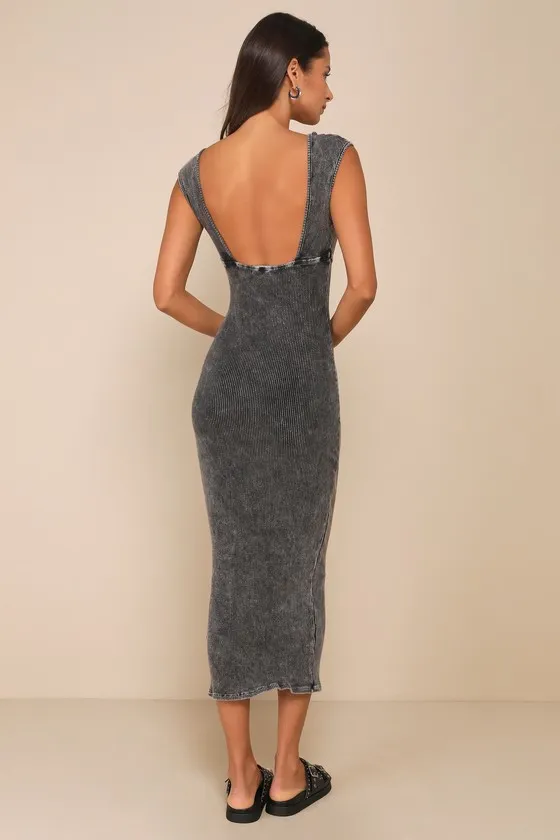 Flirtatious Charm Washed Black Ribbed Backless Midi Dress sold by Lulus product image thumbnail 2