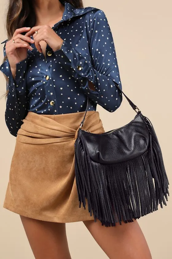 Bold Agenda Black Fringe Shoulder Bag sold by Lulus