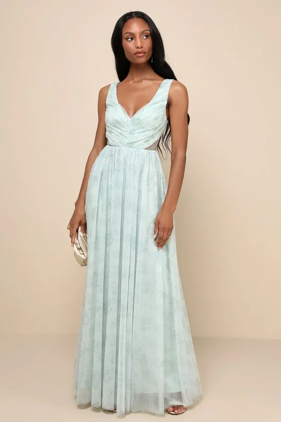 Blissful Poise Sage Green Floral Mesh Pleated Cutout Maxi Dress sold by Lulus product image thumbnail 3