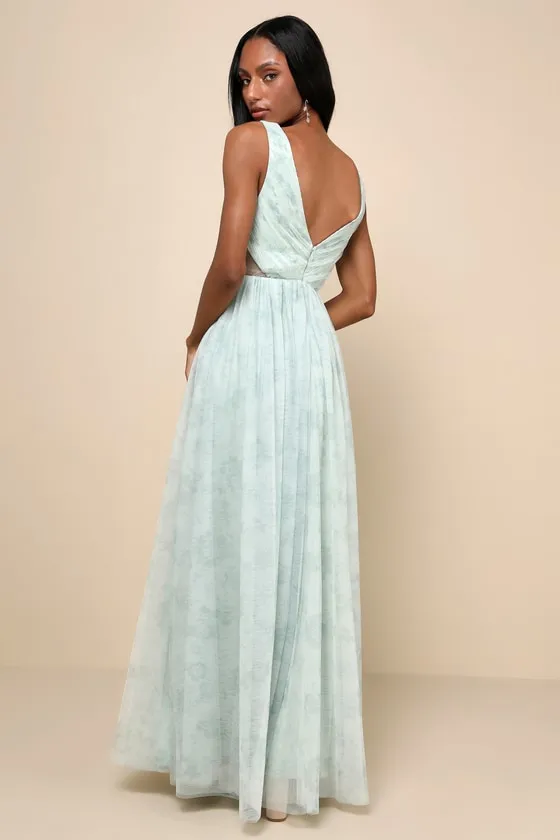 Blissful Poise Sage Green Floral Mesh Pleated Cutout Maxi Dress sold by Lulus product image thumbnail 4