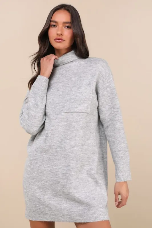 Positively Charming Heather Grey Turtleneck Mini Sweater Dress sold by Lulus