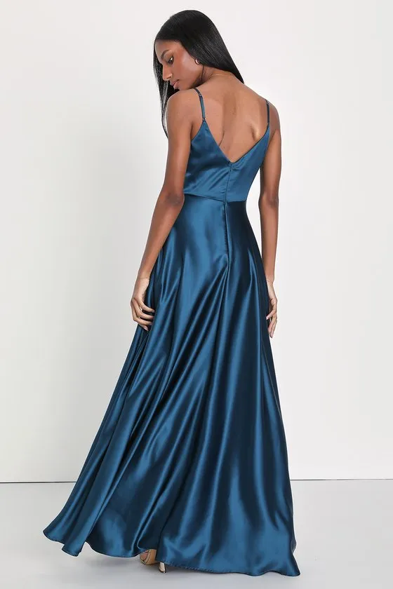 Shades of Love Teal Blue Satin Faux-Wrap Maxi Dress sold by Lulus product image thumbnail 2