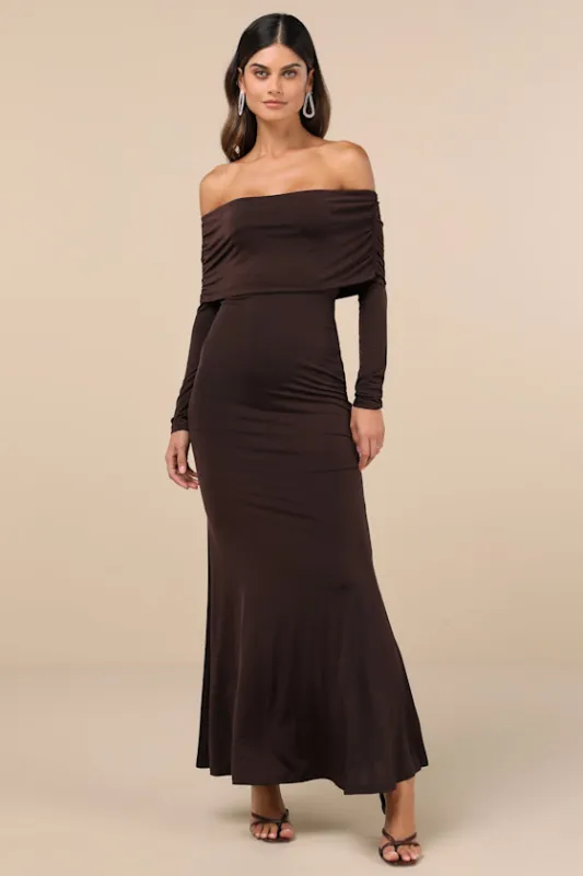 Effortlessly Stunning Dark Brown Off-the-Shoulder Maxi Dress sold by Lulus