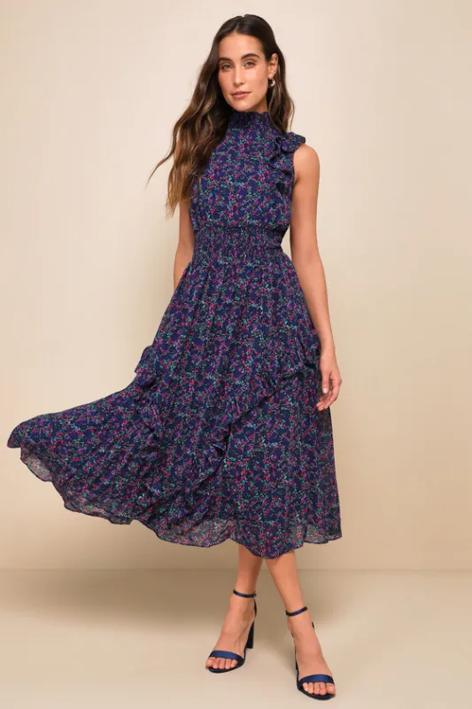 Evalina Navy Blue Floral Print Mock Neck Midi Dress sold by Lulus