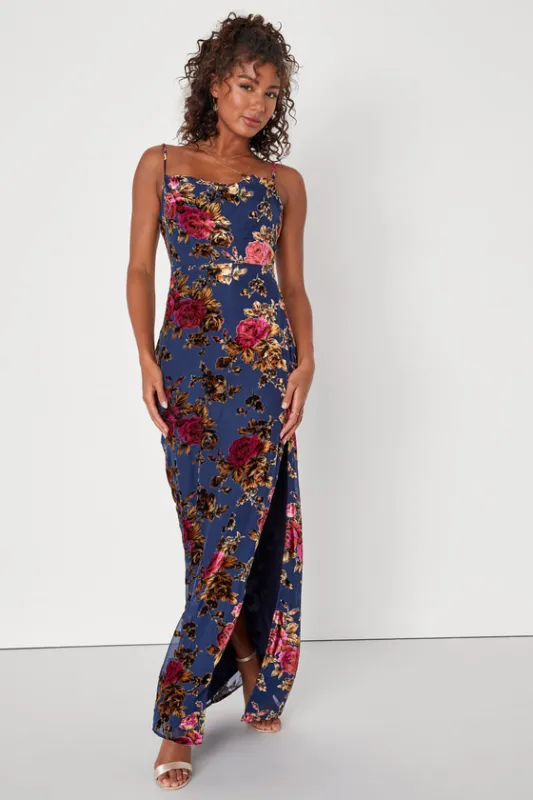 Chic Romantic Navy Blue Burnout Velvet Floral Cowl Neck Dress sold by Lulus