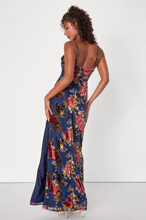 Chic Romantic Navy Blue Burnout Velvet Floral Cowl Neck Dress sold by Lulus product image thumbnail 2