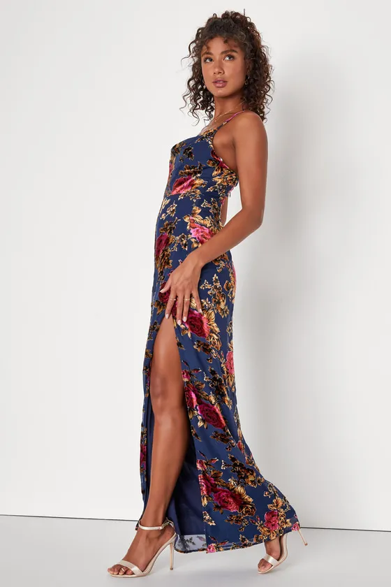 Chic Romantic Navy Blue Burnout Velvet Floral Cowl Neck Dress sold by Lulus product image thumbnail 4