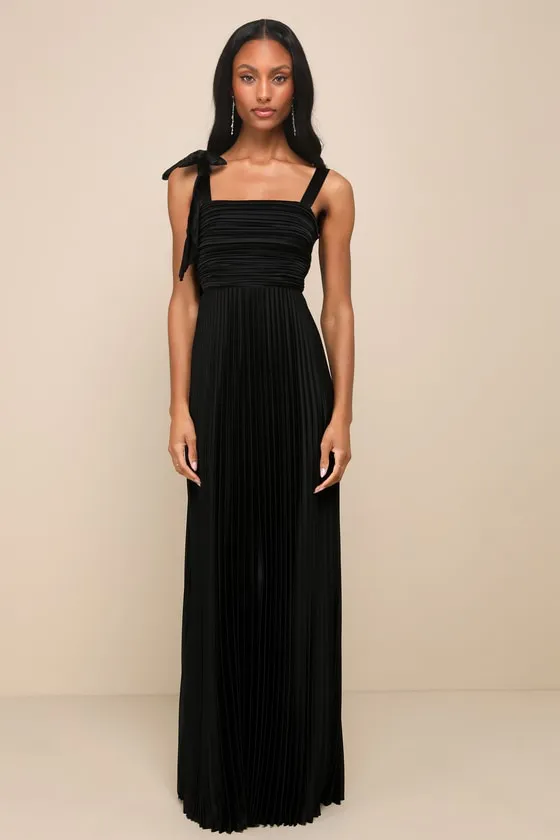 Gorgeous Purpose Black Satin Pleated Sleeveless Bow Maxi Dress sold by Lulus