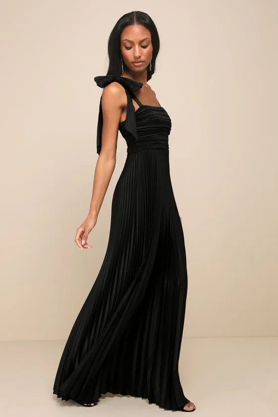 Gorgeous Purpose Black Satin Pleated Sleeveless Bow Maxi Dress sold by Lulus product image thumbnail 2