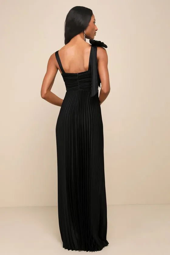 Gorgeous Purpose Black Satin Pleated Sleeveless Bow Maxi Dress sold by Lulus product image thumbnail 3