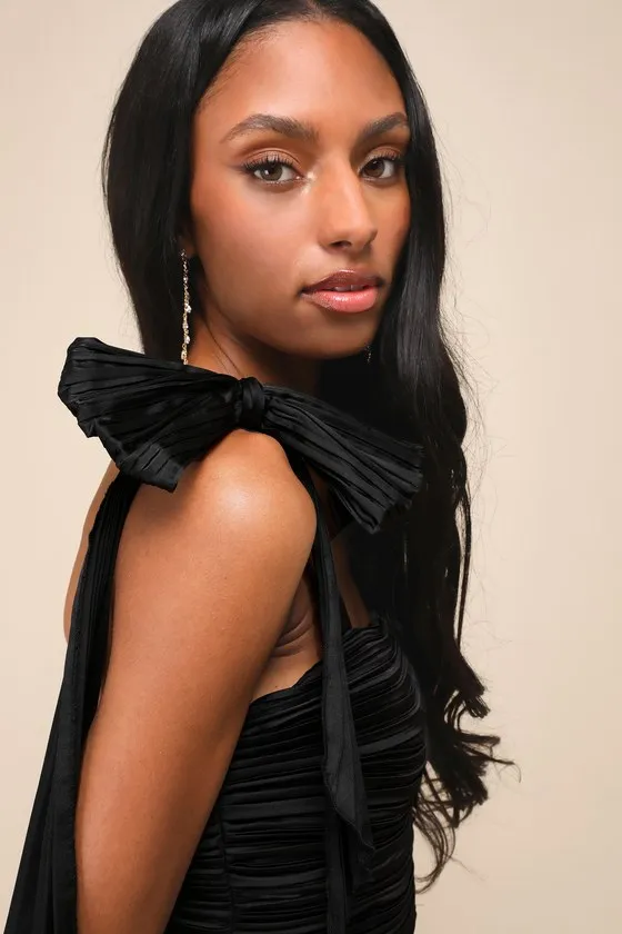 Gorgeous Purpose Black Satin Pleated Sleeveless Bow Maxi Dress sold by Lulus product image thumbnail 4