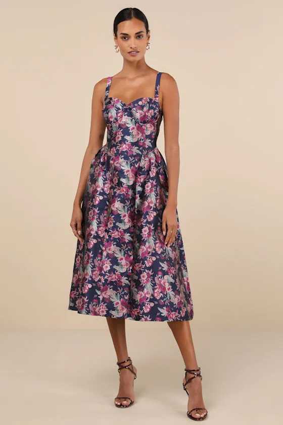 Attractive Essence Navy Floral Jacquard Midi Dress With Pockets sold by Lulus