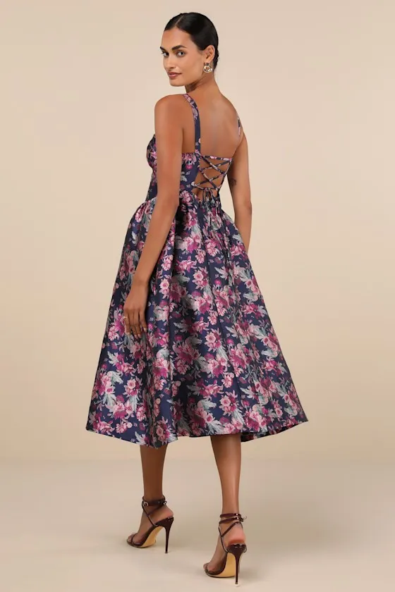 Attractive Essence Navy Floral Jacquard Midi Dress With Pockets sold by Lulus product image thumbnail 3