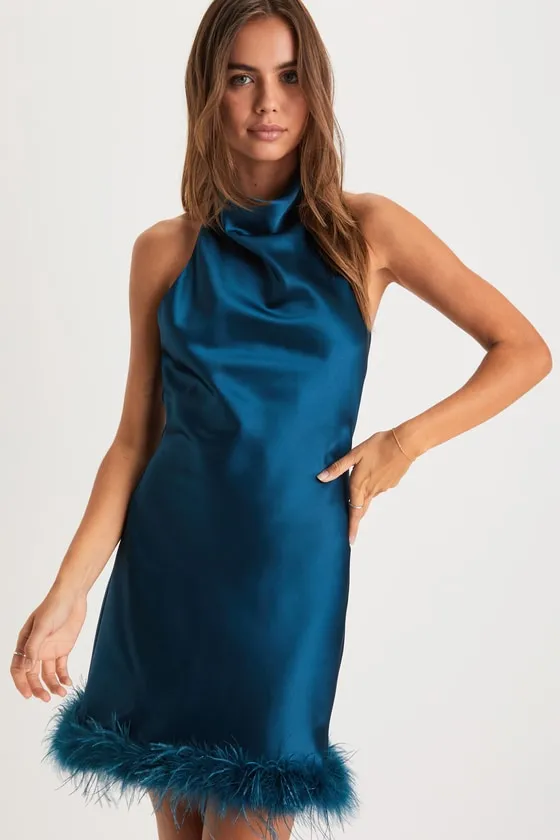 Enticing Glamour Teal Blue Satin Halter Feather Mini Slip Dress sold by Lulus