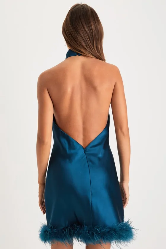 Enticing Glamour Teal Blue Satin Halter Feather Mini Slip Dress sold by Lulus product image thumbnail 2