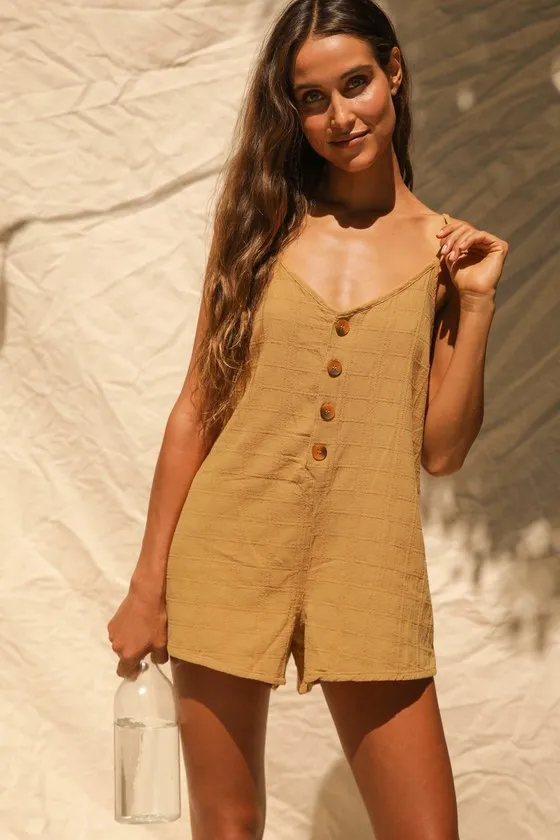 Amalie Dark Mustard Button-Front Sleeveless Romper sold by Lulus product image thumbnail 2