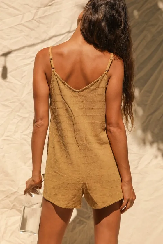 Amalie Dark Mustard Button-Front Sleeveless Romper sold by Lulus product image thumbnail 3